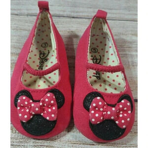 Disney Minnie Mouse Baby Shoes Size 3 Soft Sole Ballet Flats Pink Black Glitter